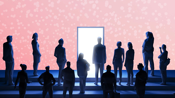 A silhouette of a group of people facing a glowing white door against a soft pink background. The figures are in various poses, suggesting curiosity and anticipation. The scene conveys themes of opportunity and new beginnings, with the bright door symbolizing a path to discovery.