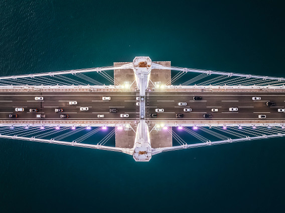 overhead view of bridge with cars