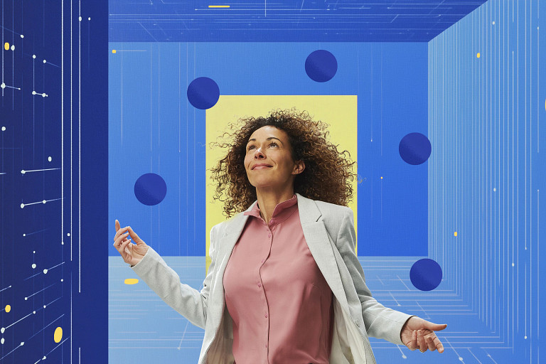A woman in a light blazer and pink blouse stands confidently in a futuristic, abstract environment. The background features a digital-style design with blue grids, lines, and yellow and navy circular elements, creating a high-tech and innovative atmosphere. Her upward gaze and open posture convey optimism and empowerment.