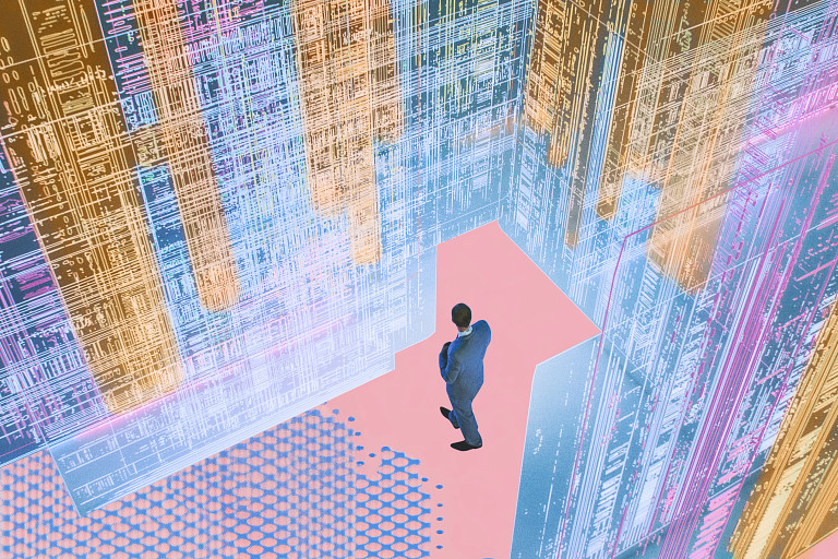 A person in a suit stands at the center of a vibrant, futuristic environment filled with glowing digital patterns and circuit-like designs. The background features a blend of colors, including blue, orange, and pink, creating a high-tech atmosphere. The individual appears to be exploring or contemplating the intricate digital landscape around them, symbolizing innovation and the intersection of technology and decision-making.