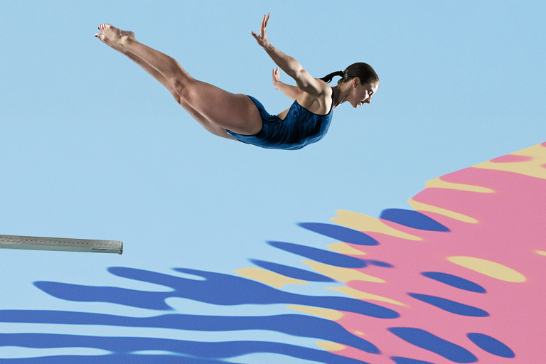 Lady in blue swimming suit diving in to graphic